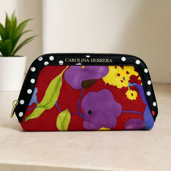 Carolina Herrera Fragrances Floral Toiletry Bag RedPolka Dot Travel CosmeticCase - Picture 1 of 8